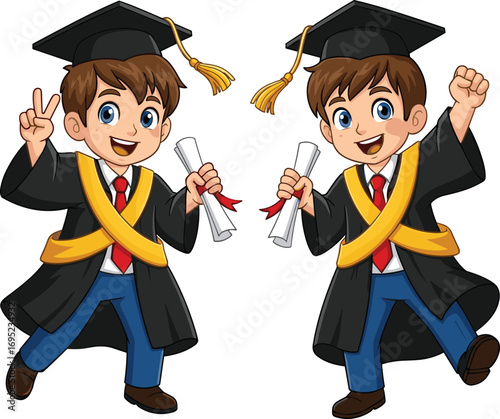 Cartoon graduates, holding diplomas, graduation ceremony, academic success, vector illustration, black gown, celebration pose, student achievement, cheerful characters, education theme