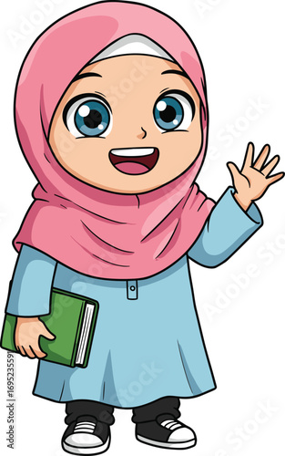 Cartoon Muslim girl, pink hijab, smiling child, holding book, vector illustration, educational theme, waving hand, modest dress, student character, chibi style