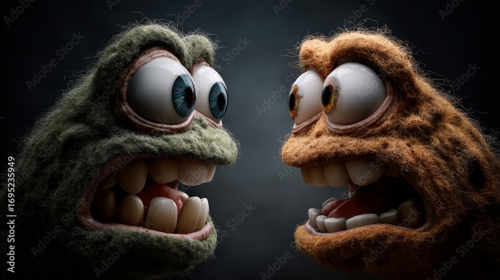 Obraz premium Two Colorful Creature Faces in Animated Style