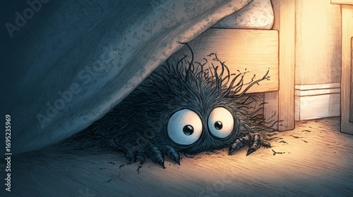 Cute Monster Hiding Under Bed in Dim Light