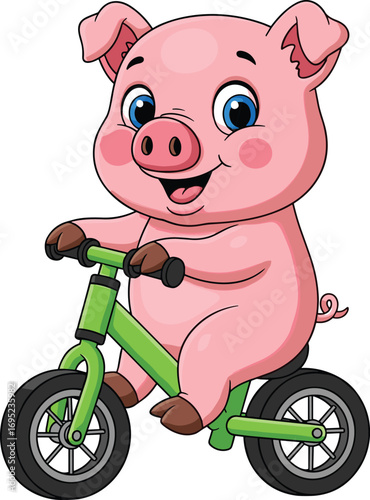 Cartoon pig, riding bicycle, cheerful animal, pink pig, green bike, vector art, smiling character, farm animal, fun, playful, wheels, handlebars, rosy cheeks, blue eyes, animated style