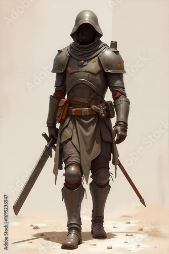 A formidable warrior clad in dark armor strides confidently across a sandy landscape, wielding a sword and dagger, ready for battle. Generative AI.