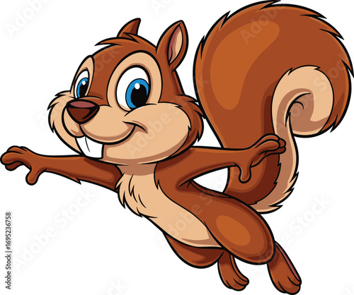 Cartoon squirrel jumping, cheerful animal character, cute forest rodent vector, happy expression, bushy tail, children’s illustration, playful pose, wildlife design