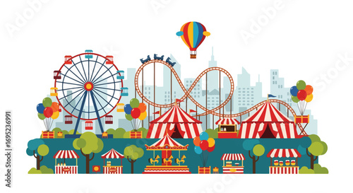 Colorful amusement park illustration with ferris wheel, roller coaster, carousel, circus tent, food stalls, balloons, and hot air balloon set against a city skyline for family fun and entertainment