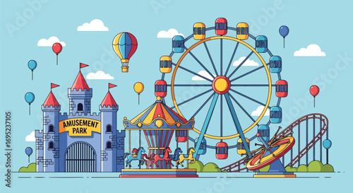 Vibrant amusement park illustration featuring ferris wheel, carousel, roller coaster, castle entrance, hot air balloon, and funfair rides for family entertainment and outdoor adventure