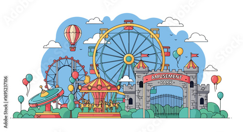 Vibrant amusement park illustration featuring ferris wheel, carousel, roller coaster, castle entrance, hot air balloon, and funfair rides for family entertainment and outdoor adventure