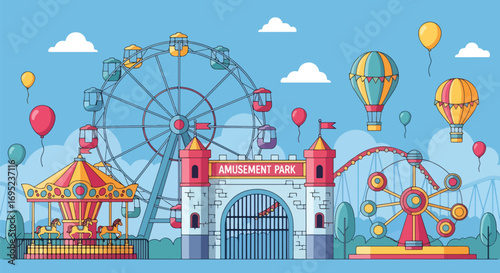 Vibrant amusement park illustration featuring ferris wheel, carousel, roller coaster, castle entrance, hot air balloon, and funfair rides for family entertainment and outdoor adventure