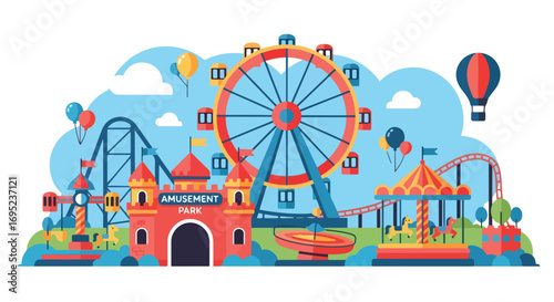Vibrant amusement park illustration featuring ferris wheel, carousel, roller coaster, castle entrance, hot air balloon, and funfair rides for family entertainment and outdoor adventure
