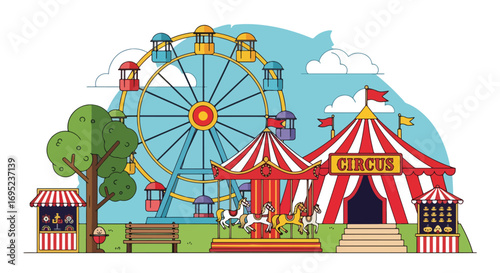 Colorful circus and amusement park illustration with ferris wheel, carousel, striped circus tent, funfair stalls, and outdoor entertainment for kids and families
