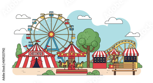 Colorful circus and amusement park illustration with ferris wheel, carousel, striped circus tent, funfair stalls, and outdoor entertainment for kids and families