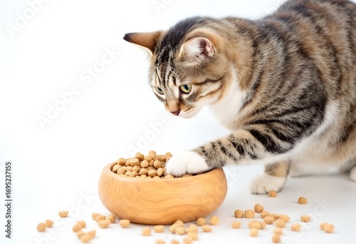 A tabby cat pawing at a bowl of dry food on a white background with scattered kibble.