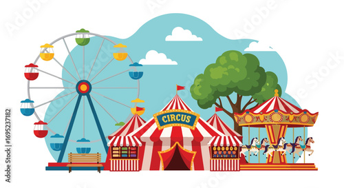 Colorful circus and amusement park illustration with ferris wheel, carousel, striped circus tent, funfair stalls, and outdoor entertainment for kids and families