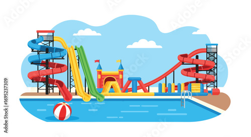 Colorful waterpark illustration featuring giant slides, pool floats, palm trees, and lounge chairs, perfect for summer fun, vacation themes, family entertainment, and tropical resort design concepts