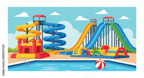 Colorful waterpark illustration featuring giant slides, pool floats, palm trees, and lounge chairs, perfect for summer fun, vacation themes, family entertainment, and tropical resort design concepts