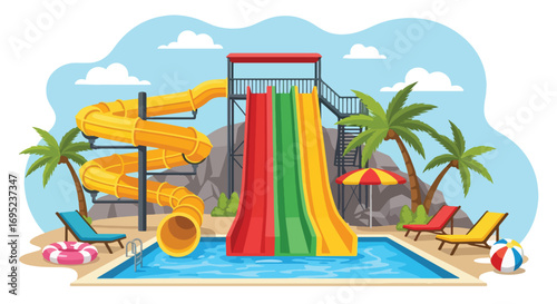 Colorful waterpark illustration featuring giant slides, pool floats, palm trees, and lounge chairs, perfect for summer fun, vacation themes, family entertainment, and tropical resort design concepts