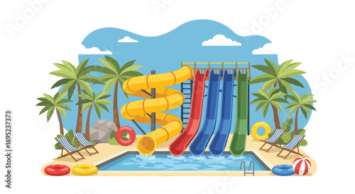 Colorful waterpark illustration featuring giant slides, pool floats, palm trees, and lounge chairs, perfect for summer fun, vacation themes, family entertainment, and tropical resort design concepts