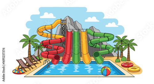 Colorful waterpark illustration featuring giant slides, pool floats, palm trees, and lounge chairs, perfect for summer fun, vacation themes, family entertainment, and tropical resort design concepts