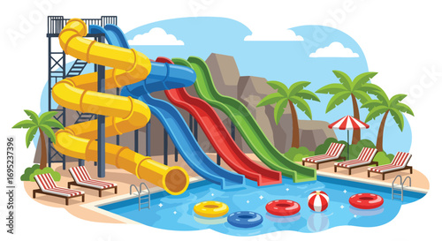 Colorful waterpark illustration featuring giant slides, pool floats, palm trees, and lounge chairs, perfect for summer fun, vacation themes, family entertainment, and tropical resort design concepts
