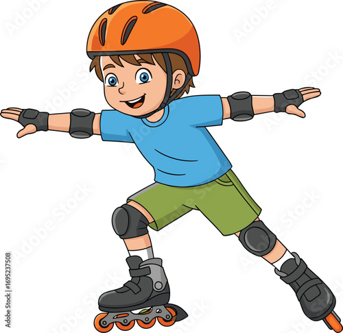 Child rollerblading, outdoor activity, safety gear, helmet, knee pads, wrist guards, sports fun, exercise, balance, motion, cartoon vector, illustration, active kid, summer play