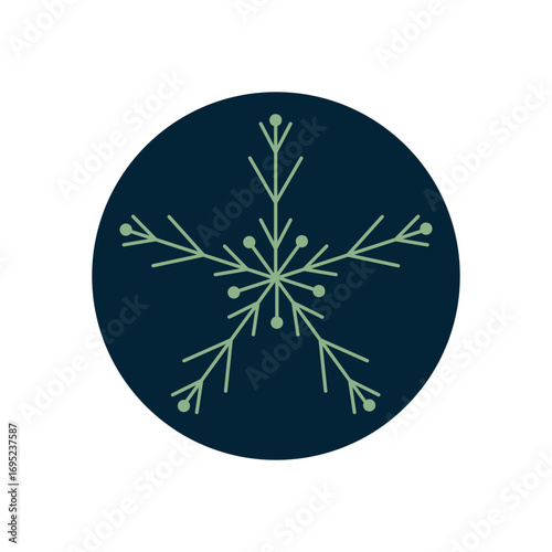 Round blue sticker with a snowflake outline and ornament style. Winter holiday decoration element for a box label, simple and elegant for christmas or seasonal packaging.