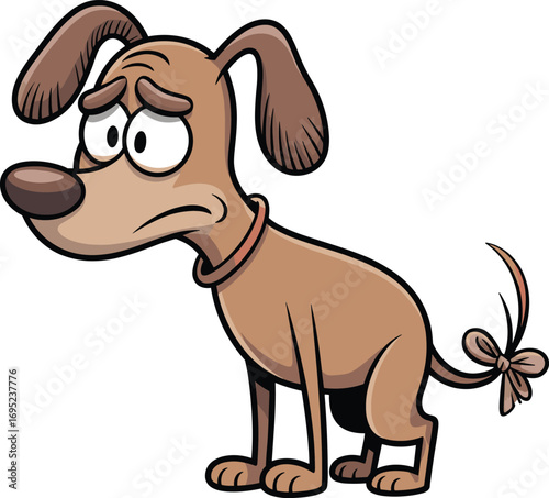 Sad cartoon dog with expressive eyes, floppy ears, red collar, bow-tied tail, emotional character, vector illustration for children, pets