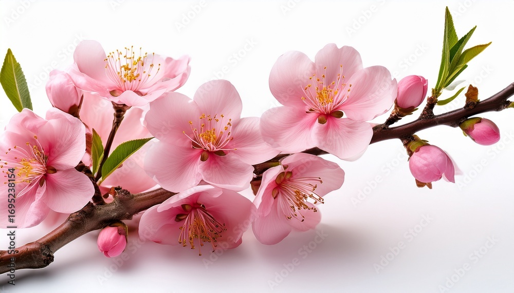 Naklejka premium isolated white background elegant pink flowers blooming on peach tree branch showcasing nature beauty