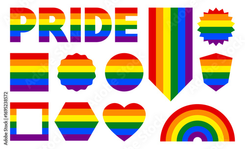 Set of shapes with LGBT flag colors and horizontal striped PRIDE word.Rainbow flag shapes set.Vector illustration.