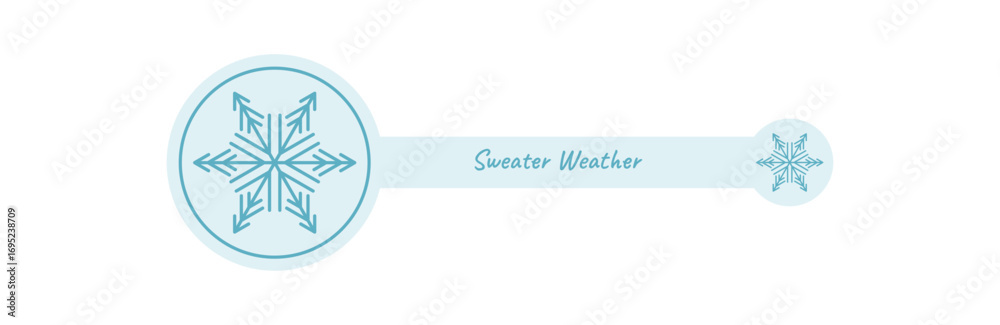 Fototapeta premium Blue label icon with snow flake outline and seal for box lid. Snowflake ornament on package for xmas shipping, outlined design in cool graphic style.