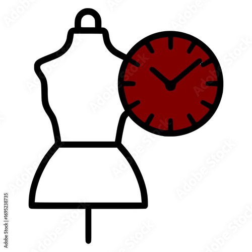 Fashion design deadline icon with dressmakers mannequin and clock, managing time effectively for designs