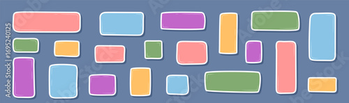 Cartoon rectangle sticker set in hand drawn doodle style on blue background. Patch and organic box label as memo note collection in colorful text, ideal for playful decor, creative message or modern