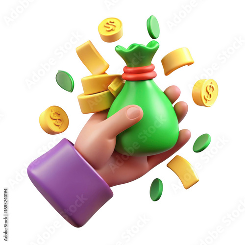 3d hand holding money bag and flying coins symbolizing wealth and financial success