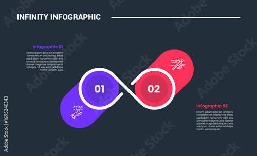 infinity loop concept infographic process diagram with opposite comparison with extrude circle container with dark background bright outline style and 2 points