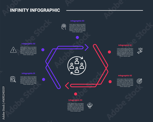 infinity loop concept infographic process diagram with comparison side with dark background bright outline style and 6 points