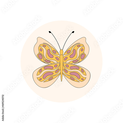 Groovy retro butterfly with yellow and round shape forms playful sticker seal. Butterfly graphic in a circle for y2k style package lid on a trendy package or fun label.