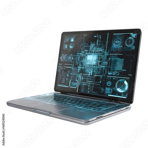 Wallpaper Mural Futuristic transparent laptop displaying glowing blue circuit board and data on a black background isolated on transparent background Torontodigital.ca