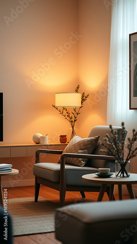 Living room muji style in warm tones with armchair and decoration minimal vertical