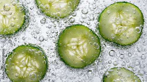 Refreshing cucumber slices submerged in sparkling water with vibrant bubbles creating a cool, invigorating sensation perfect for health and wellness concepts
