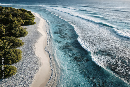 breathtaking aerial view captures pristine surface of ocean waters highlighting clean shoreline adorned with