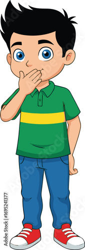 Cartoon Boy Covering Mouth, Expressive Child Character, Green Shirt and Red Shoes, Playful Pose, Educational Vector Art, Emotion Illustration