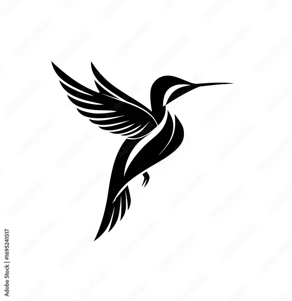 Fototapeta premium Black line art shows a flying hummingbird against a black surface, for use as a minimalist design, logo, or social media graphic.