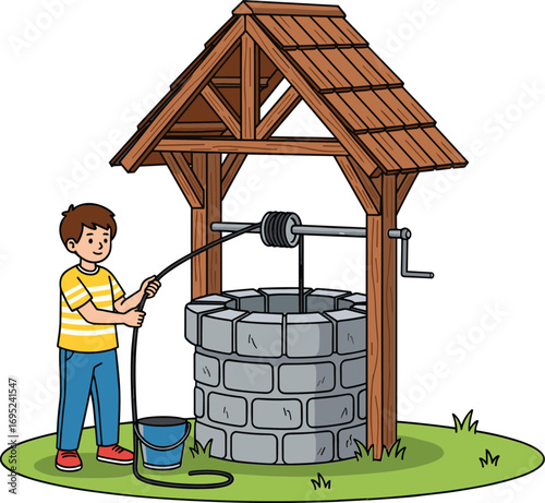 Cartoon Boy Drawing Water from Stone Well, Traditional Manual System, Rural Life Scene, Educational Vector Art, Historical Engineering Concept