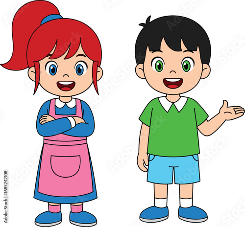 Cartoon Children Standing Together, Red Haired Girl and Smiling Boy, Colorful Kids Character Design, Educational Vector Art, Playful School Scene