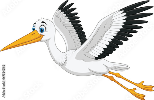 Cartoon flying stork with orange beak, cheerful bird in flight, white feathers, black wing tips, nature illustration for kids, education