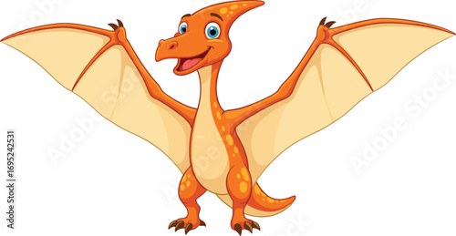 Cartoon pterodactyl flying, orange dinosaur with yellow spots, smiling prehistoric creature, kids illustration, educational dinosaur art, fun, friendly, animated