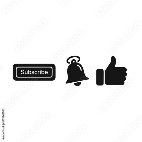 Subscribe button, notification bell, and thumbs up icons in vector style