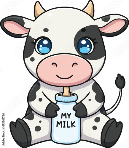 Cartoon baby cow vector, cute calf character, milk bottle, sitting animal, children’s mascot, dairy theme, farm pet, adorable illustration