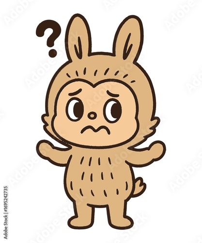 Cute character in confusion: The illustration portrays a charming character dressed in a rabbit costume, his expression full of doubt.