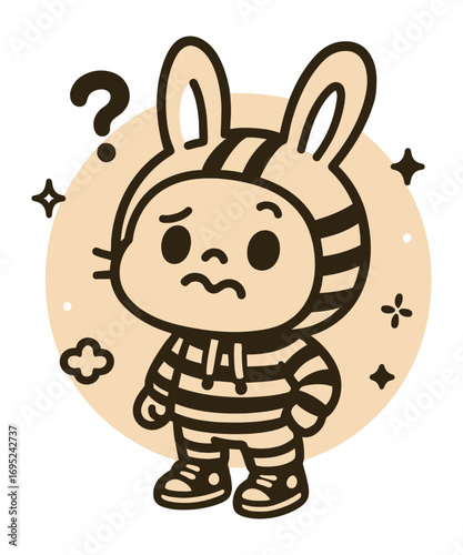 Curious Bunny: A whimsical illustration of a person donning a bunny costume, a question mark hovering above their head, set against a soft, round background.