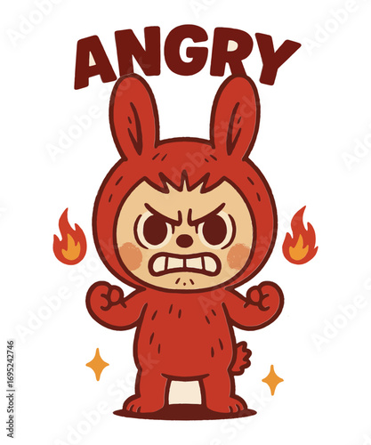 Anger in Red: A cartoon character embodies pure rage, their face contorted with fury, flames erupting around them, symbolizing the intense emotion of anger. 
