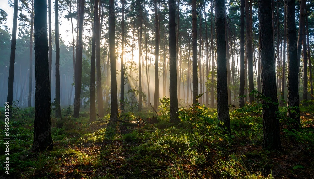Fototapeta premium Sunlight streams through a misty pine forest